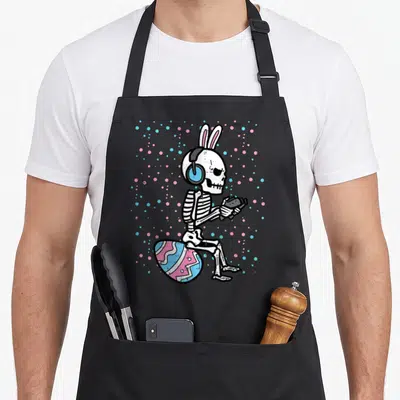 Skeleton easter bunny aprons - Cartoon skeleton bunny with headphones and controller sitting on a blue and pink Easter — shown on a black cotton canvas apron against a white background