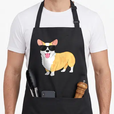Sunglass corgi apron - Cartoon corgi wearing black sunglasses with orange fur, white chest, and pink tongue — shown on a black cotton canvas apron against a white background
