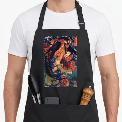 Fighting carp apron - Ukiyo-e fish and man in blue red black beige with Japanese text — shown on a black cotton canvas apron against a white background