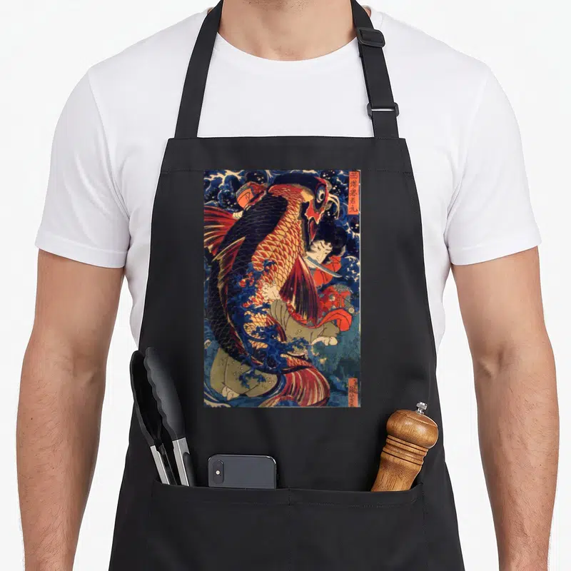 Fighting carp apron - Ukiyo-e fish and man in blue red black beige with Japanese text — shown on a black cotton canvas apron against a white background