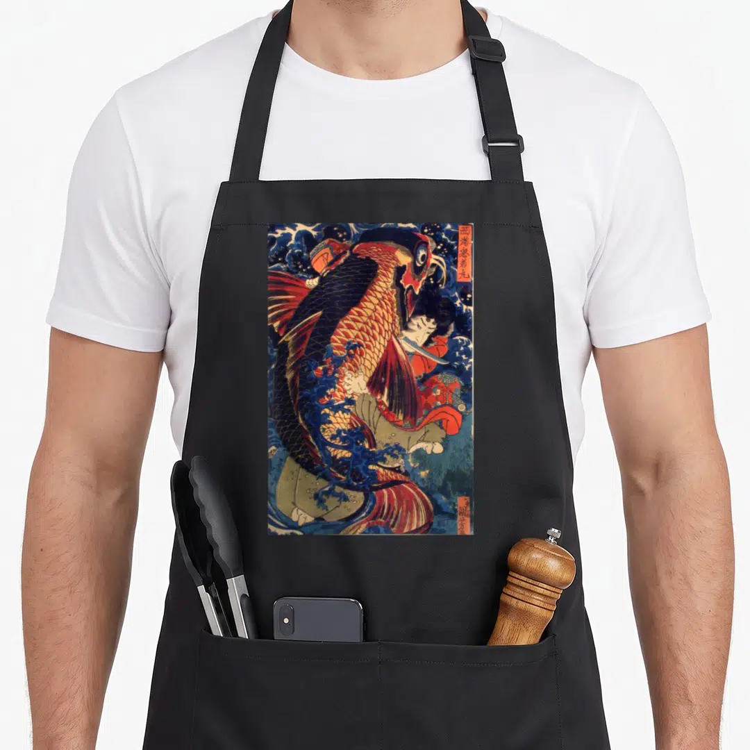 Fighting carp apron - Ukiyo-e fish and man in blue red black beige with Japanese text — shown on a black cotton canvas apron against a white background