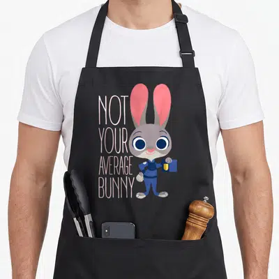 Judy bunny apron - Cartoon grey bunny in blue uniform holding a card next to stacked text reading Not Your Average Bunny — shown on a black cotton canvas apron against a white background