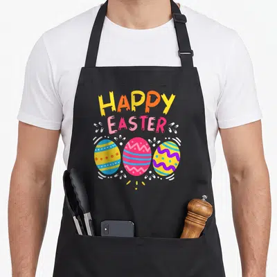 Colorful easter egg apron - HAPPY EASTER text above three yellow, pink, blue, and purple decorated eggs with white — shown on a black cotton canvas apron against a white background