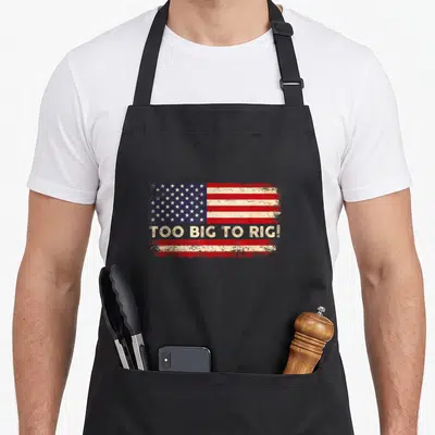 Rig pro apron - Distressed US flag with TOO BIG TO RIG! text in cream over red white and blue stripes — shown on a black cotton canvas apron against a white background