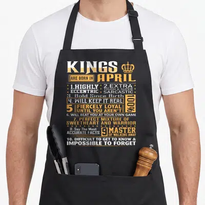 Birthday king april apron - Kings Are Born In April text with numbered sarcasm traits and crown graphic in white — shown on a black cotton canvas apron against a white background