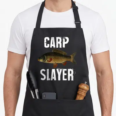 Slayer fishing aprons - Realistic carp illustration flanked by white CARP and SLAYER text in olive and brown tones — shown on a black cotton canvas apron against a white background