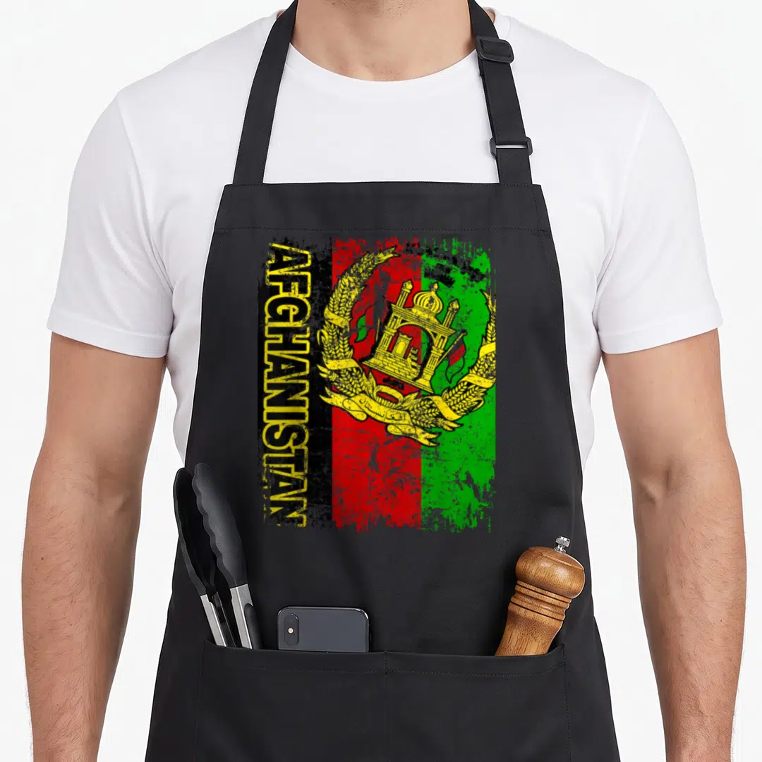 Flag afghanistan afghan apron - Distressed vertical Afghanistan flag with yellow AFGHANISTAN text overlaying black band — shown on a black cotton canvas apron against a white background