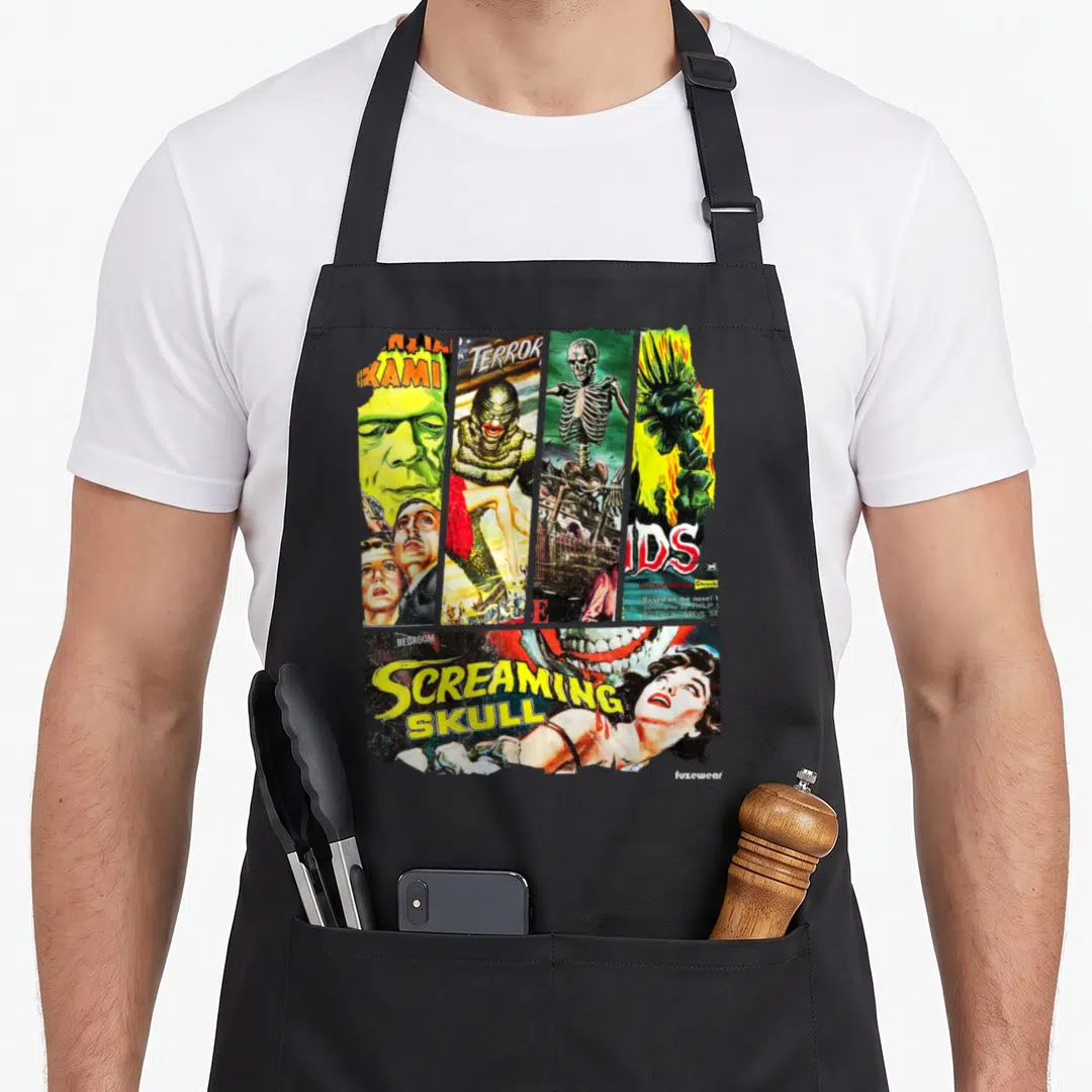 Sci horror movie apron - Vintage horror poster collage with SCREAMING SKULL text and skeleton imagery in yellow — shown on a black cotton canvas apron against a white background