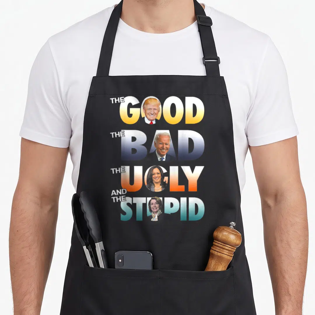 Trump ugly apron - Four political slogans with headshots in yellow blue orange and teal typography — shown on a black cotton canvas apron against a white background