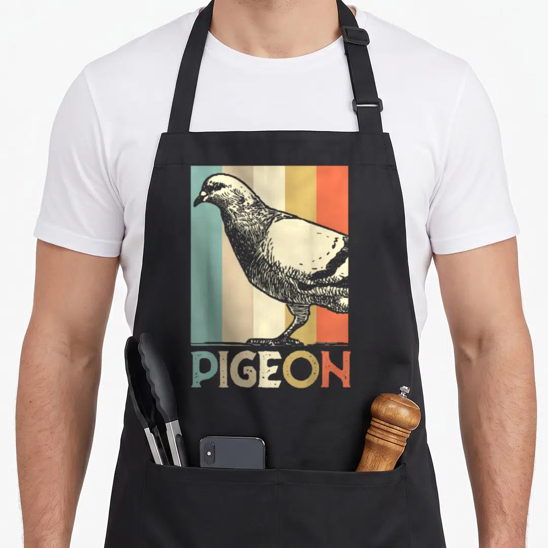 Breeder bird apron - Retro pigeon illustration over four vertical stripes in teal beige yellow orange and grey — shown on a black cotton canvas apron against a white background