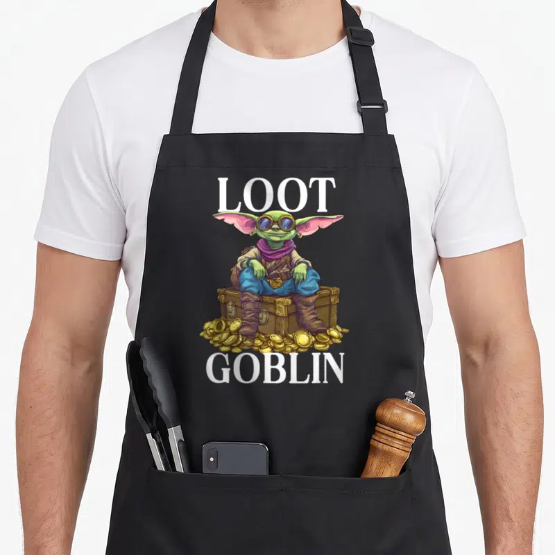 Raiding goblin apron - Cartoon goblin on treasure chest with LOOT GOBLIN text in white, green, and gold — shown on a black cotton canvas apron against a white background