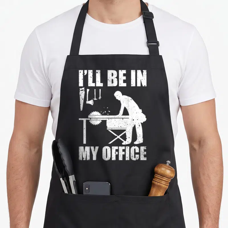 Carpenter woodworking apron - White distressed text I'll Be In My Office around carpenter silhouette and hanging tools — shown on a black cotton canvas apron against a white background