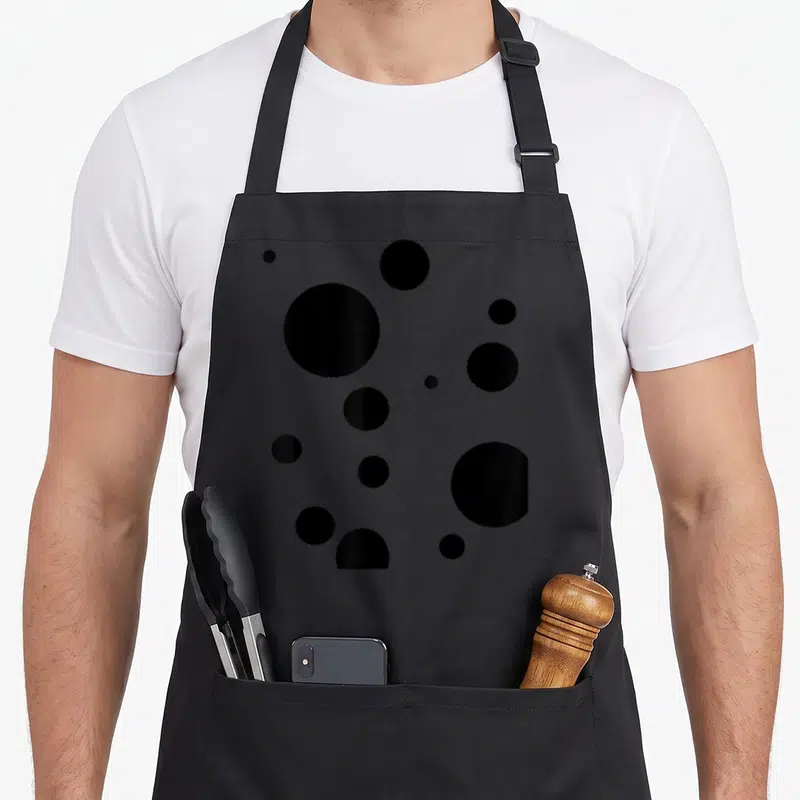 Dalmatian polka dot apron - Scattered black circles of various sizes on white fabric — shown on a black cotton canvas apron against a white background