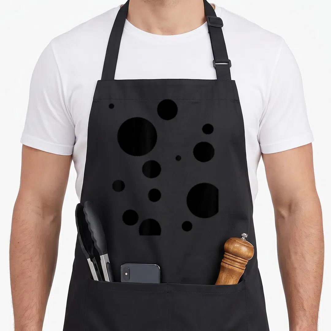 Dalmatian polka dot apron - Scattered black circles of various sizes on white fabric — shown on a black cotton canvas apron against a white background