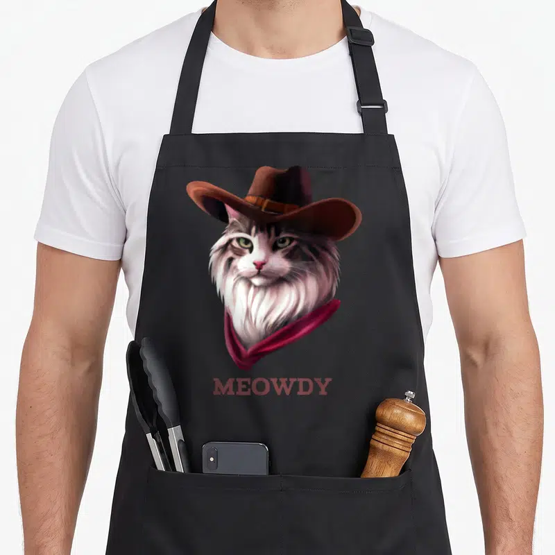 Howdy cat apron - Realistic cat head wearing brown cowboy hat and red bandana with MEOWDY text below — shown on a black cotton canvas apron against a white background