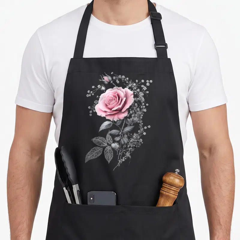 Botanist rose apron - Large pink rose with grey leaves and white baby's breath on black fabric — shown on a black cotton canvas apron against a white background