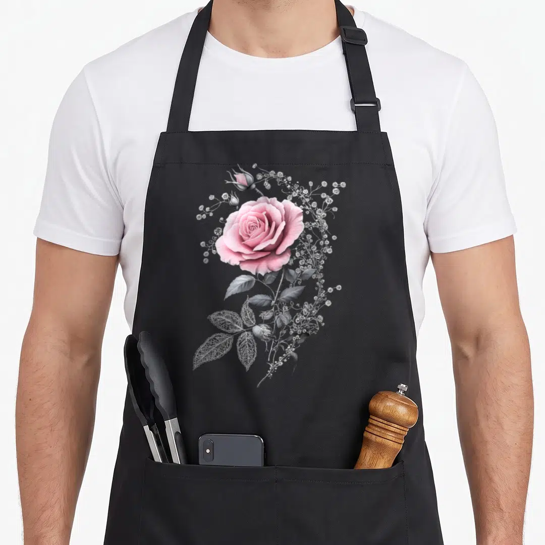 Botanist rose apron - Large pink rose with grey leaves and white baby's breath on black fabric — shown on a black cotton canvas apron against a white background