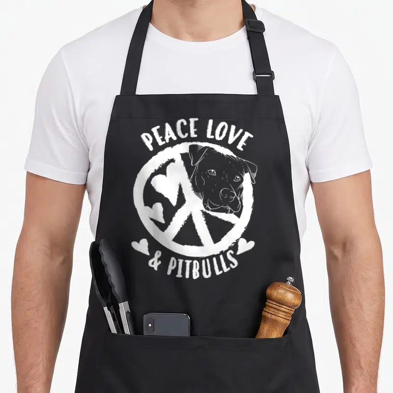 Peace taurus girl apron - Distressed white peace symbol with pitbull head, four hearts, and arched text — shown on a black cotton canvas apron against a white background