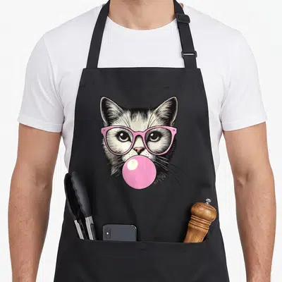 Cat apron with pockets - Cartoon cat head wearing pink glasses and blowing a pink bubblegum bubble — shown on a black cotton canvas apron against a white background