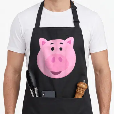 Hamm dog face apron - Pink cartoon pig head with ears eyes and snout centered on fabric — shown on a black cotton canvas apron against a white background
