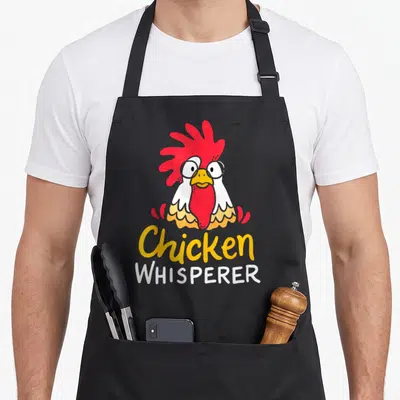 Whisperer hen apron - Cartoon chicken head with red comb and yellow and white text reading Chicken Whisperer — shown on a black cotton canvas apron against a white background