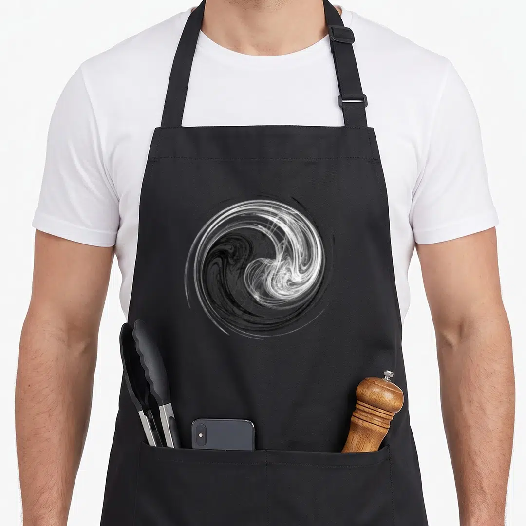 Ying chimera apron - Circular abstract swirl forming a yin yang shape in black and white line art — shown on a black cotton canvas apron against a white background