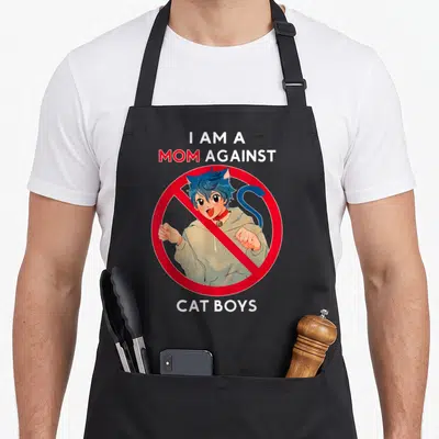 Against cat in an apron - Cartoon blue-haired cat boy inside red prohibition sign with white and red text — shown on a black cotton canvas apron against a white background