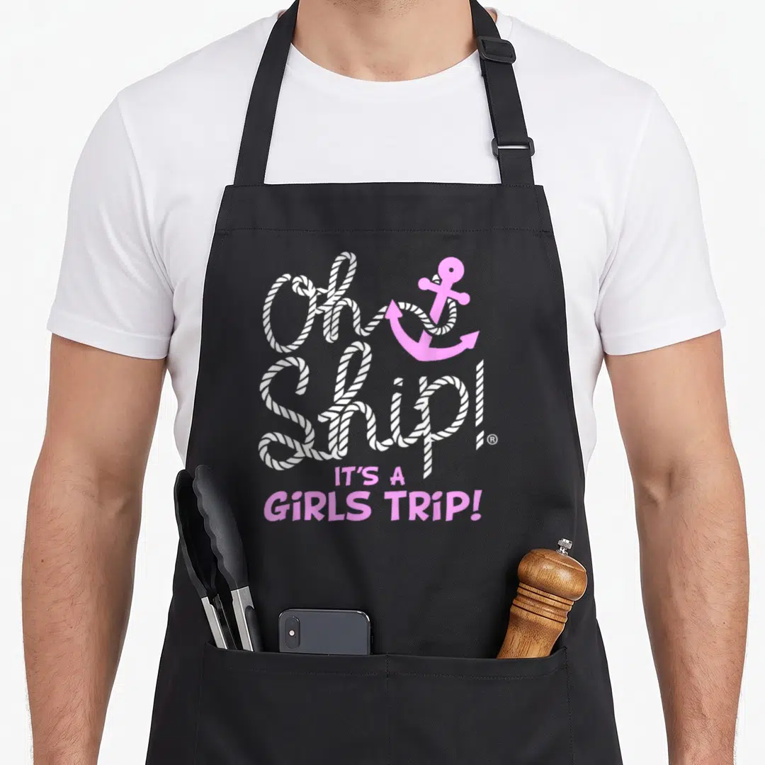 Trip oh ship cruise wear apron - White rope text reading Oh Ship with pink anchor and IT'S A GIRLS TRIP! — shown on a black cotton canvas apron against a white background