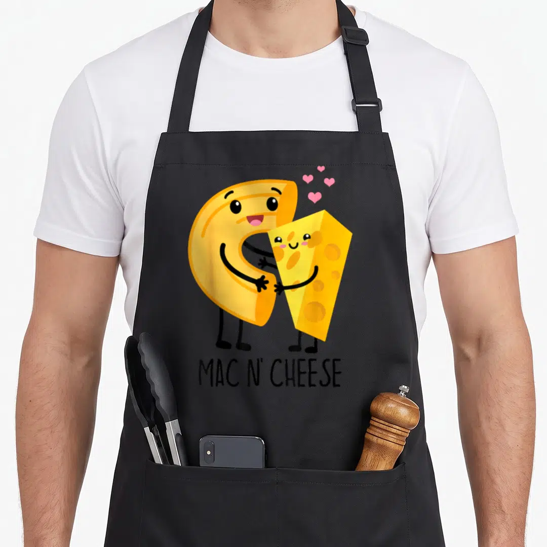 Food mac apron - Cartoon macaroni noodle hugging cheese wedge with four pink hearts and MAC N CHEESE text — shown on a black cotton canvas apron against a white background