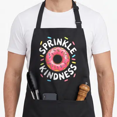 Kindness doughnut donut apron - Pink frosted donut with white SPRINKLE KINDNESS text and colorful sprinkles — shown on a black cotton canvas apron against a white background