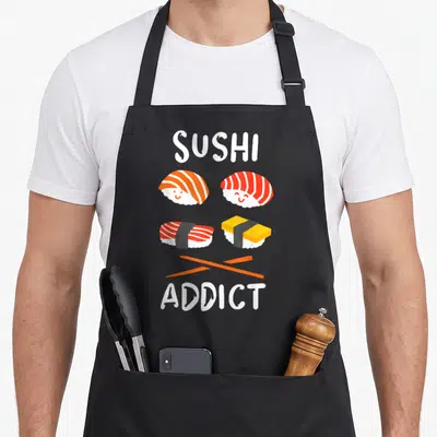 Restaurant sushi apron - SUSHI ADDICT text above four smiling cartoon sushi pieces and crossed orange chopsticks — shown on a black cotton canvas apron against a white background