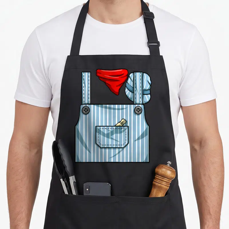 Engineer halloween apron - Cartoon blue striped overalls with red bandana, striped hat, and pencil in pocket — shown on a black cotton canvas apron against a white background