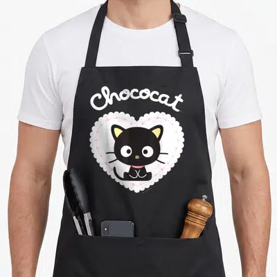 Chococat valentine apron - Arched Chococat text above a black cat inside a white heart with pink floral pattern — shown on a black cotton canvas apron against a white background