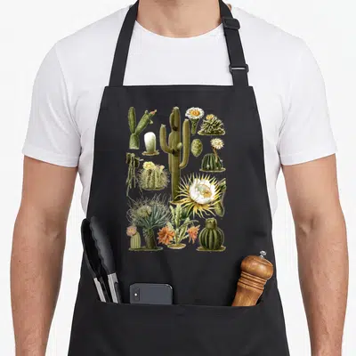 Plant cactus apron - Vintage botanical cacti arrangement in green white yellow orange realistic art style — shown on a black cotton canvas apron against a white background