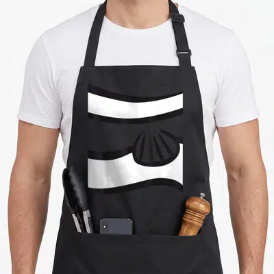 Fish clown aprons - Black shell outline between two wavy black and white horizontal stripes — shown on a black cotton canvas apron against a white background