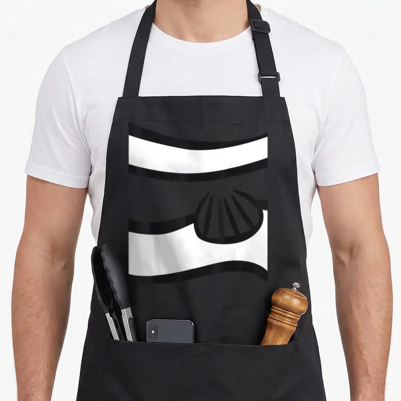 Fish clown aprons - Black shell outline between two wavy black and white horizontal stripes — shown on a black cotton canvas apron against a white background
