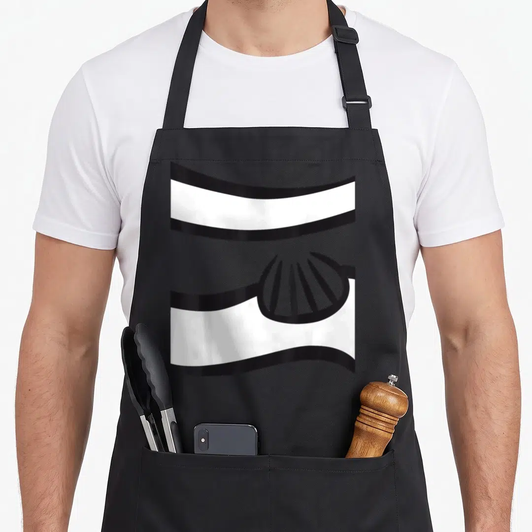 Fish clown aprons - Black shell outline between two wavy black and white horizontal stripes — shown on a black cotton canvas apron against a white background