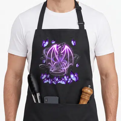 Magical dragon apron - Glowing purple dragon line art surrounded by blue and purple butterflies with ethereal swirls — shown on a black cotton canvas apron against a white background