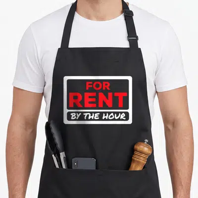 Rent renton apron - Grey sign graphic reading FOR RENT BY THE HOUR in red and white text — shown on a black cotton canvas apron against a white background