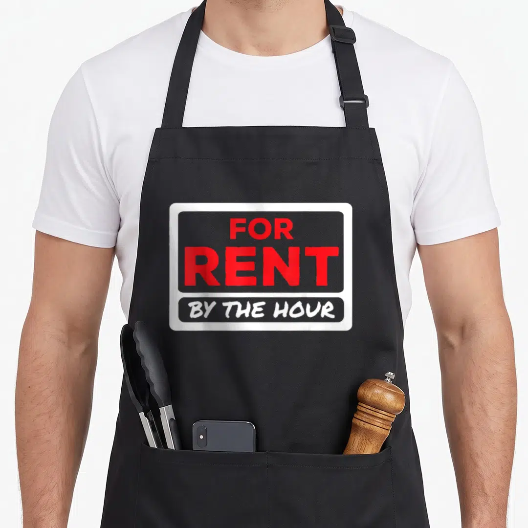 Rent renton apron - Grey sign graphic reading FOR RENT BY THE HOUR in red and white text — shown on a black cotton canvas apron against a white background