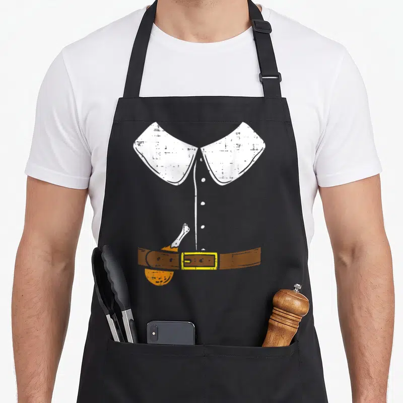 Halloween pilgrim apron - Minimalist white collared shirt with brown belt yellow buckle and orange pocket illustration — shown on a black cotton canvas apron against a white background