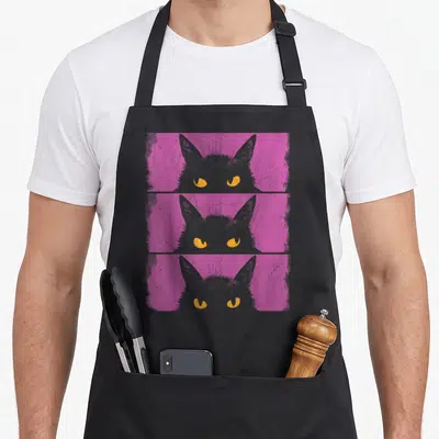 Funny kitten grumpy cat apron - Three grey cartoon cat heads with orange eyes on pink rectangular backgrounds stacked — shown on a black cotton canvas apron against a white background