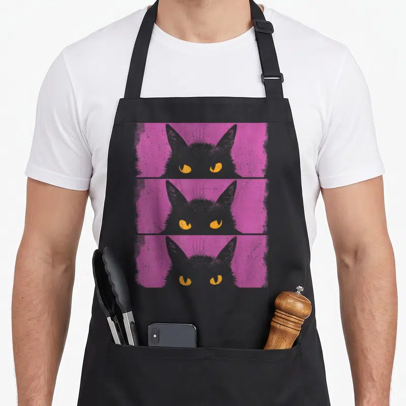 Funny kitten grumpy cat apron - Three grey cartoon cat heads with orange eyes on pink rectangular backgrounds stacked — shown on a black cotton canvas apron against a white background