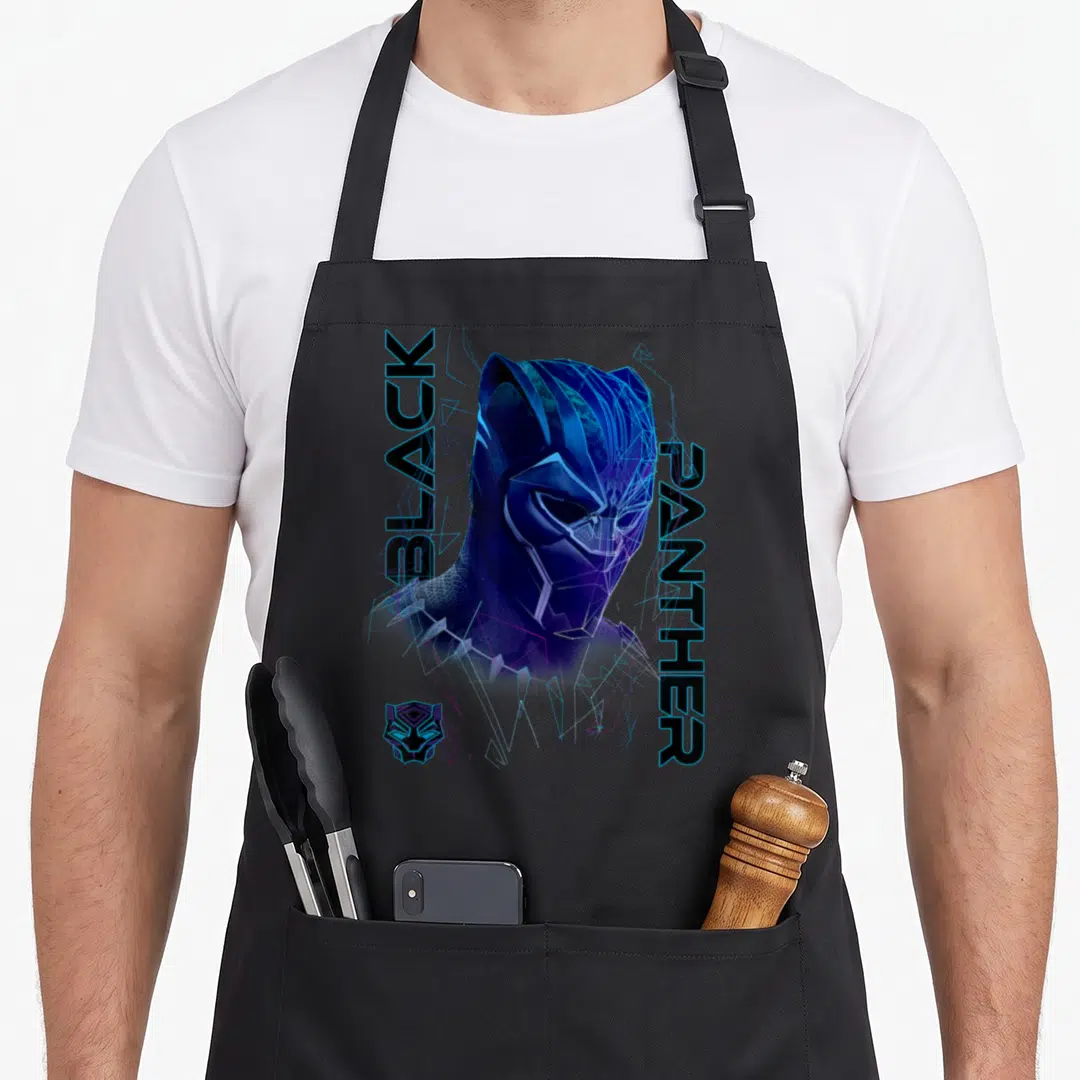 Geo portrait black apron - Black Panther mask with blue and purple geometric lines and vertical text — shown on a black cotton canvas apron against a white background
