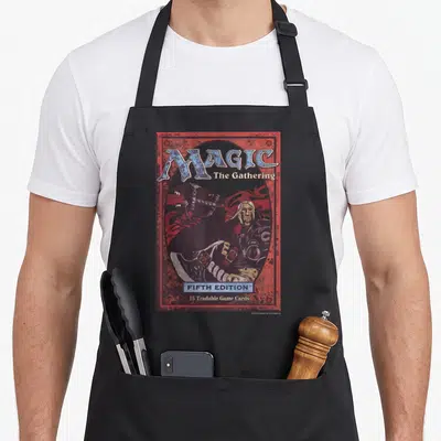 Fifth magic apron - Retro red bordered poster with fantasy characters and Fifth Edition text — shown on a black cotton canvas apron against a white background