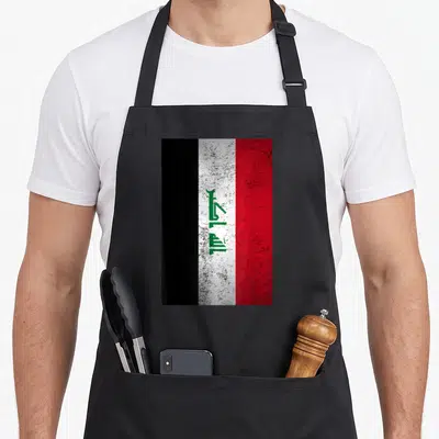 Grunge kurdish boy apron - Distressed Iraq flag with three horizontal stripes and central green calligraphy printed — shown on a black cotton canvas apron against a white background