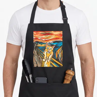 Scream cat apron - Orange cat covering face on bridge with mice and colorful swirl sky — shown on a black cotton canvas apron against a white background