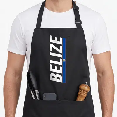 Belize flag belizean apron - Vertical white BELIZE text next to a blue and red flag strip with a small central emblem — shown on a black cotton canvas apron against a white background