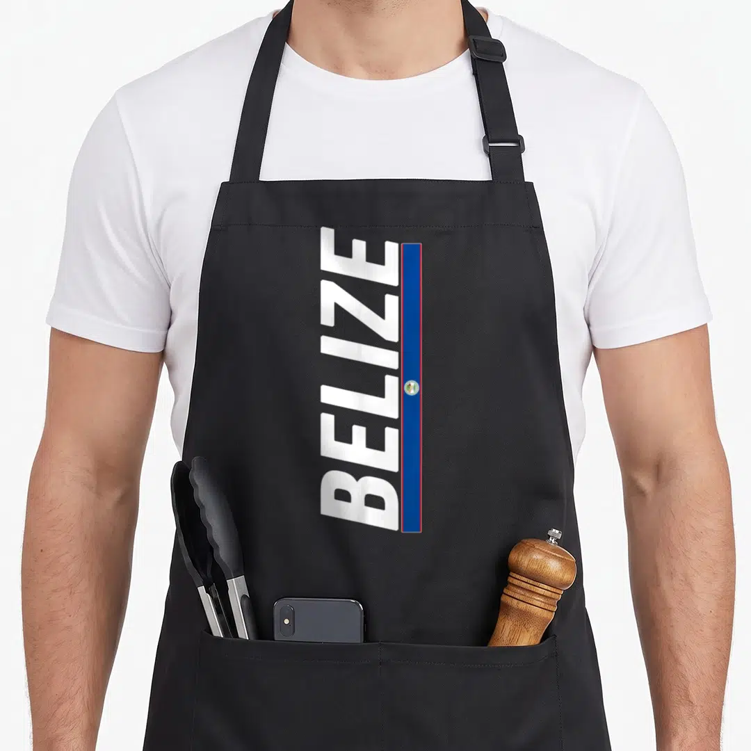 Belize flag belizean apron - Vertical white BELIZE text next to a blue and red flag strip with a small central emblem — shown on a black cotton canvas apron against a white background