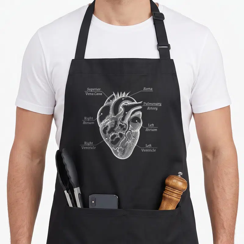 Cardiologist anatomy apron - Heart diagram with labels Superior Vena Cava Horta Pulmonary Artery Atria Ventricles — shown on a black cotton canvas apron against a white background